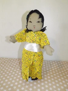 HANDMADE GEISHA GIRL FABRIC STIFF DOLL with KIMONO Fellow Floral Pattern 13" - Picture 1 of 2