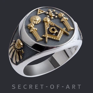 Masonic Ring Freemason in Silver 925 with 14K-Yellow GoldPlated Sun Moon Pillars - Picture 1 of 12