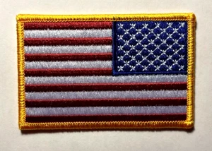 REVERSE USA AMERICAN FLAG EMBROIDERED PATCH GOLD BORDER flag patch 3.5" wide - Picture 1 of 8