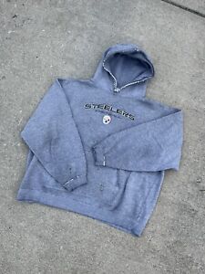Vintage Pittsburgh Steelers Hoodie Sweatshirt Embroidered Logo Grey Size XL
