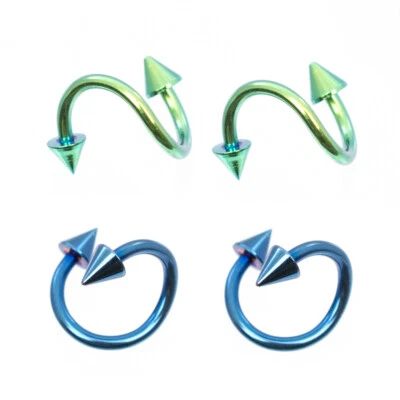 4 Pack Twister Spiral Rings 16 Gauge Blue & Green Anodized Titanium W/ Spike End - Image 1 of 4