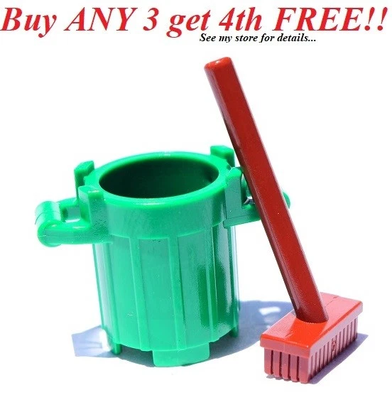 ☀️NEW Lego Green TRASH BIN Brown Push Broom City Garbage Barrel Container Can - Image 1 of 1