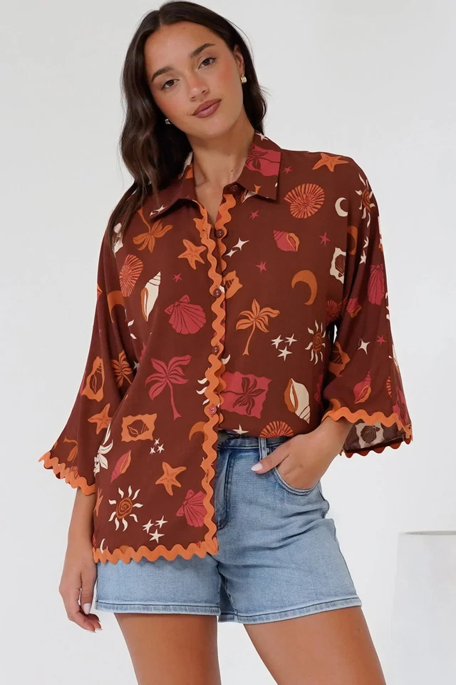 Raya Shirt - Oversized Button Down in Flintsone Print - image 1 of 4