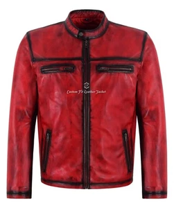 Men's Racer Leather Jacket Classic Biker Style Vintage Red Waxed Leather Jacket - Picture 1 of 6