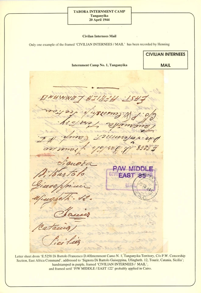 1944 Tanganica KUT POW Cubierta Italia Tabora Campamento Civil Italiano Internos Correo Foto 1 de 3