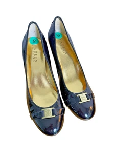 LAUREN RALPH LAUREN WOMENS 8B PUMPS PRE-OWNED PATENT BLACK LEATHER GOLD RL LOGO - Picture 1 of 8