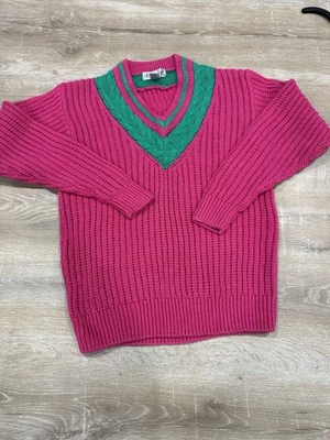 Crystal Kobe Sweater V Neck Large Cable Knit Y2K 80s hot pink green vintage - Image 1 of 4