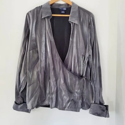 Vtg 90 Venezia 18/20 Shimmer Silver Surplice Wrap Top LS Collar Side Tie V-Neck - Изображение 1 из 4