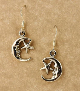 Sterling silver crescent moon & star earrings, celestial - Picture 1 of 2