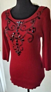 Lauren Michelle Metallic Rippstrick Pullover kleine Perlen Bluse rot Neu mit Etikett - Bild 1 von 7