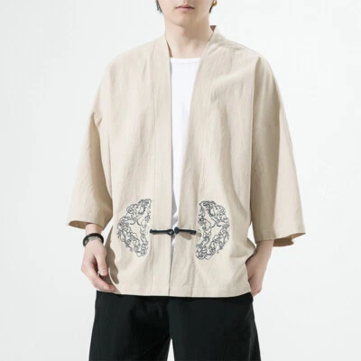 Men Casual Japanese Kimono Jacket Coat Cotton Linen Bathrobe Baggy Coat Outwear - Image 1 of 4