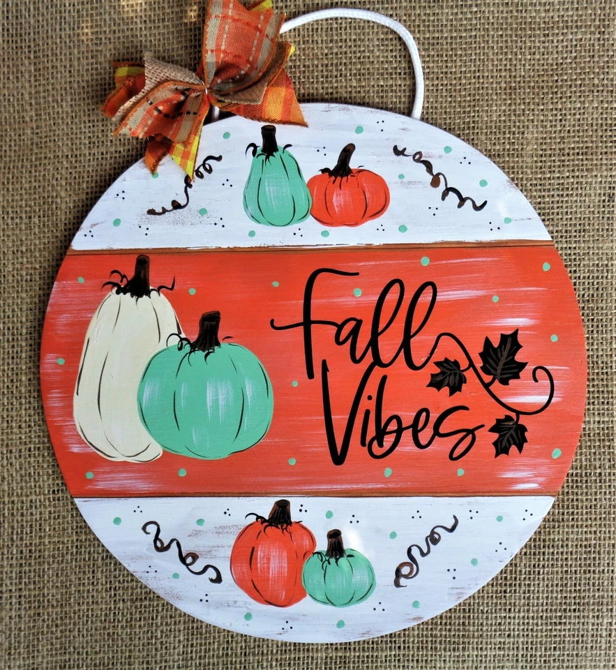 FALL VIBES CIRCLE SIGN Wall Art Door Hanger Plaque Wood Family Pumpkins Decor - Image 1 of 1