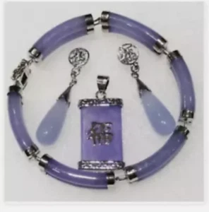 Noblet Genuino Jade Púrpura 2 Filas Pulsera + Pendientes + Colgante Collar Conjunto AAA - Imagen 1 de 6