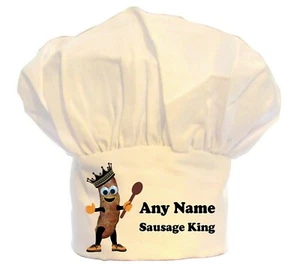 PERSONALISED SAUSAGE KING PRINT CHEFS HAT BBQ 100% POLYESTER GIFT BBQ KITCHEN - Picture 1 of 2