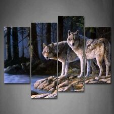 Two Wolf Stand On River Bank Forest 4 Panel Canvas Wall Art - NIB