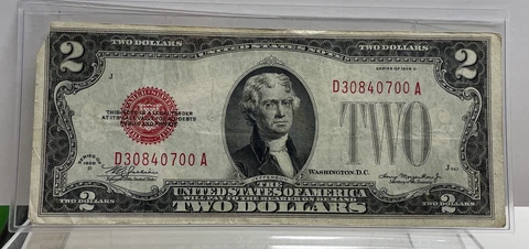 1928 D Red Seal $2 Two Dollar Corner / Tip Torn Off Cover