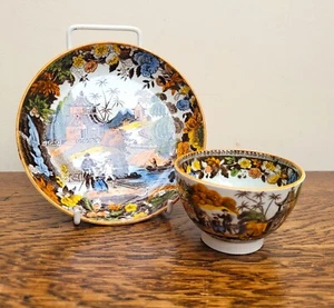 Tazón de té y platillo georgiano Chinoiserie puente alto impreso y pintado c1800 - Imagen 1 de 10