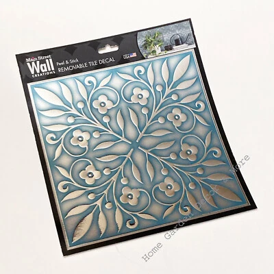 Peel Stick 8"x8" Art Wall Tile Backsplash BLUE SILVER Floral Scroll Made in USA - Image 1 of 4