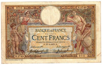 1915 France 100 Francs circulated banknote P71a Luc Olivier Merson R2749975 - Image 1 of 2