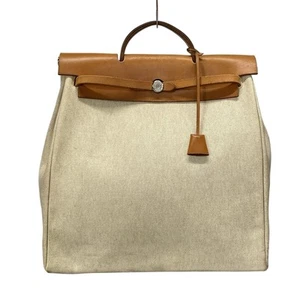 Auth HERMES Her Bag MM - Cream Light Brown Toile H Box Calf Square B Handbag - Picture 1 of 20