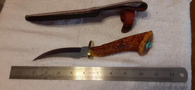 -Заказной нож ОЛЕНЬ МУРАВЕЙНИК ручной работы-БИРЮЗА--Охотничий нож с рукояткой из оленя - Изображение 1 из 4