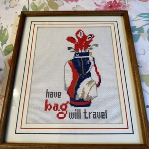 Vintage Have Bag Will Travel Golf Framed Needlepoint 8x10 W/ Frame 11 1/2 X 14 - Picture 1 of 5