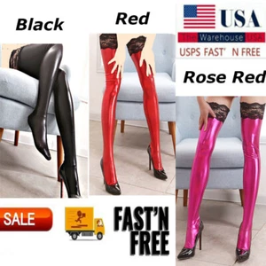 Women PVC Leather Wet Look Stockings Oil Shiny Long Stockings Clubwear 3 Colors - Picture 1 of 26