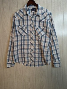 Wrangler Shirt Pearl Snap Blue Plaid Size Large Long Sleeve Cotton Blend - Picture 1 of 6