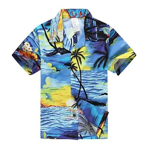 Boy Young Adult Aloha Shirt Beach Hawaii Cruise Luau Cotton Blue Sunset - Picture 1 of 5