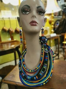African Necklace & Earrings Maasai Beaded Handmade Earrings & Wool Necklace - Picture 1 of 4