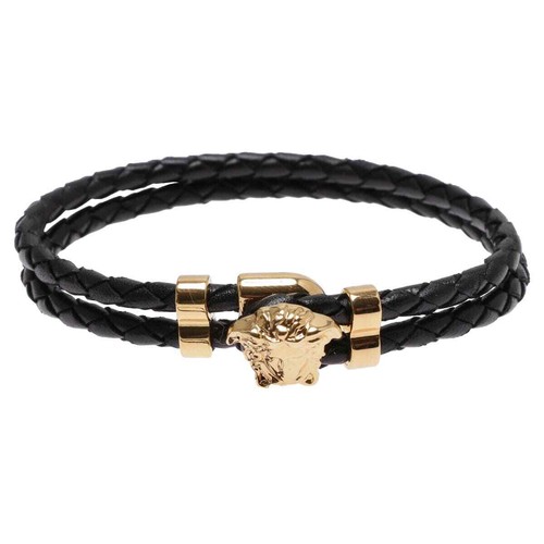 Braccialetto Versace Medusa Tono Oro Metallo Pelle Nera