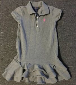 Polo Ralph Lauren Girls Dress 5 Grey Collared Shirt Sport Ruffles Vtg 90s Pink
