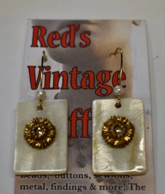 HANDCRAFTED PIERCED DANGLE DROP EARRINGS W MOP SHELL and FAUX  PEARL - Image 1 of 3