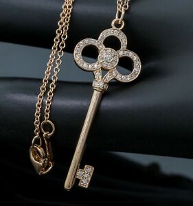 Tiffany & Co. 18K Rose Gold Diamond Crown Key Pendant Chain Necklace 16"