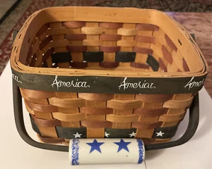 RUSTIC AMERICA WOVEN BREAD BASKET PORCELAIN BLUE STAR MEMORIAL DAY MOVING HANDLE - Picture 1 of 10