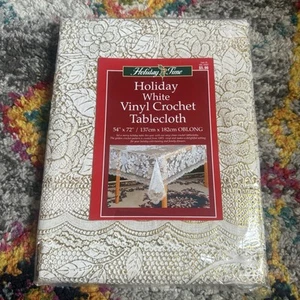Vintage NOS Vinyl Crochet Holiday Tablecloth 54” x 72” Oblong Christmas Santa - Picture 1 of 3