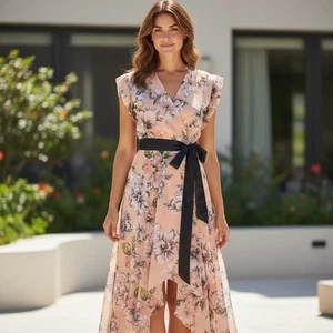 Eliza J Maxikleid Damen Größe 6 Rouge Rosa Blumen Rüschen Hi-Lo Gürtel EJ87617 - Bild 1 von 9