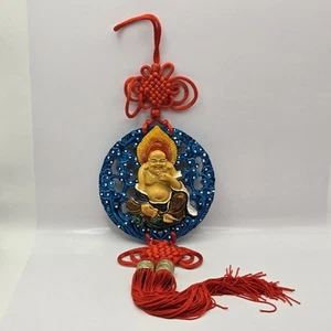 1970s LUCKY Happy Buddha RED KNOT CHINESE WALL HANGING RESIN DECOR SCULPTURE - Picture 1 of 18