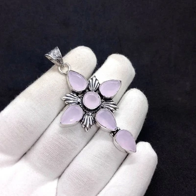 Colgante Cruz Joyería Hecha a Mano Piedras Preciosas Cuarzo Rosa Plata de Ley 925 Foto 1 de 3