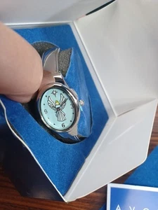Avon Angel Cuff Wristwatch Ladies Silvertone NIP Angelic Spiritual Blue - Picture 1 of 6