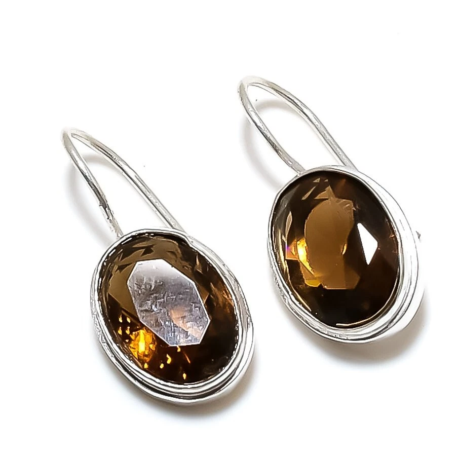 Pendiente de plata esterlina 925 con piedras preciosas de topacio ahumado marrón tamaño 1,20" Foto 1 de 1