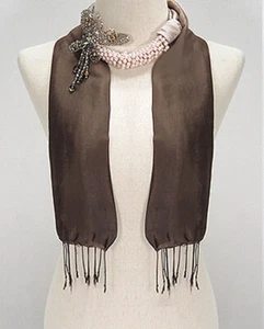 Beaded Butterfly Fine Thai Silk Scarf Beautiful Neutral Brown - Picture 1 of 2