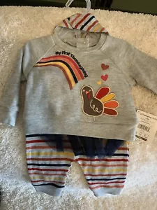 Infant Girls My First Thanksgiving 3 Piece Striped Turkey Outfit With Bib 0-3 M - Picture 1 of 8