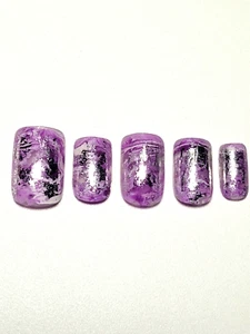 Custom Gel Press on Nails Handmade 10 pc set MEDIUM purple cream marble foil - Picture 1 of 8