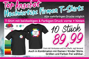 10 Firmen T-Shirts schwarz + Farbiger Druck Logo Wunsch Aufdruck vorne + hinten - Bild 1 von 3