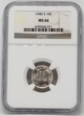 Moneda de diez centavos Mercury 1940-S, 10c - clasificación NGC MS66 Foto 1 de 2