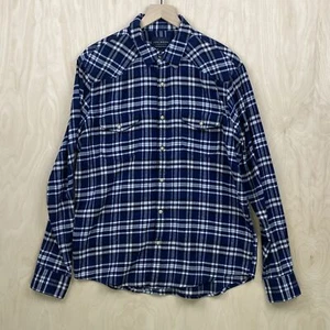 Lucky Brand Mens Saturday Stretch Blue Plaid Pearl Snap Button Up Shirt Large - Picture 1 of 11