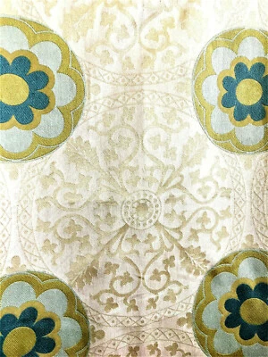 Robert Allen DAmask Geometric Floral Upholstery Fabric Beige Aqua Blue 27 x 17.5 - Image 1 of 4