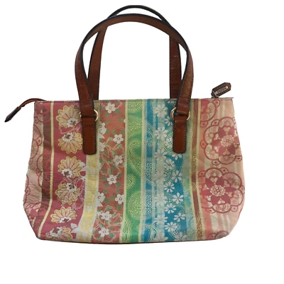 Bolso Cartera Cuero Fósil Doble Asa Azul Tostado Multi Floral Logo Amplio 11"x7" Foto 1 de 4