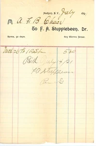 1891 Hudson, NY Receipt F. A. Stupplebeen, 603 Warren St. Handwritten Paid - Picture 1 of 2